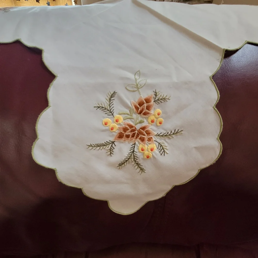 Vintage Table Linen Dresser Scarf ~ Embroidered Foliage~ Pinecones Berries